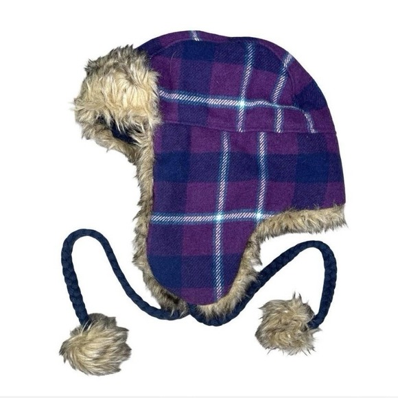 American Eagle Outfitters Accessories - American Eagle Trapper‎ Hat Winter Warm Ear Faux Fur Lined Purple Plaid Y2k